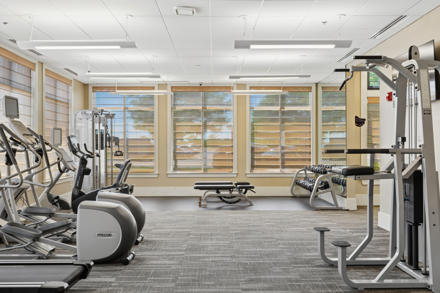 Fitness center with elliptical machines, weight equipment, carpeted floor, and large windows.