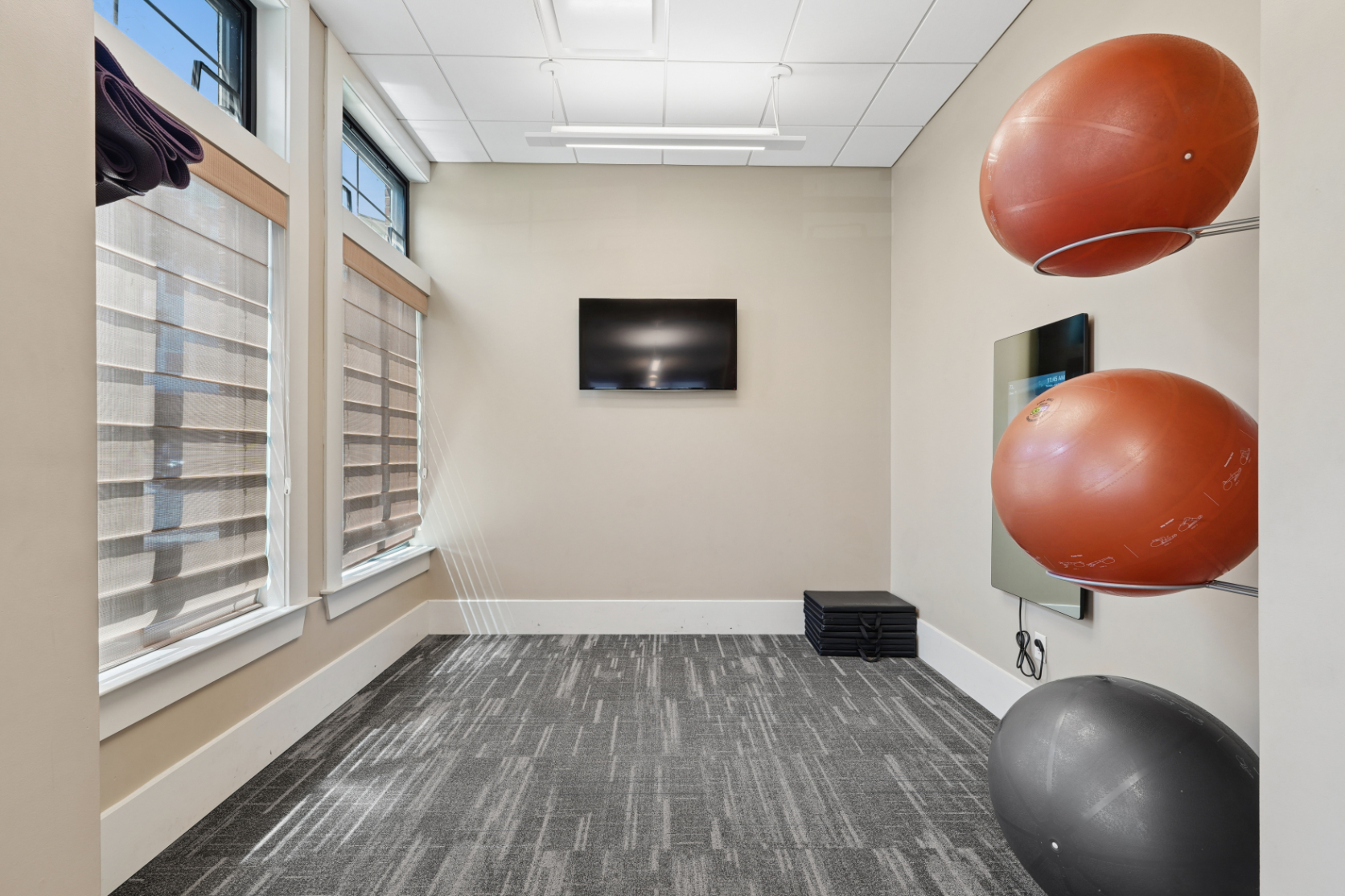 Yoga room with wall-mounted TV, exercise balls, step platforms, carpeted floor, and large windows.